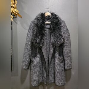 F&F Lightweight Cardigan Jacket Open Front Black/Grey Sz 8 Faux Fur Collar